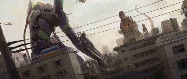 anno hideaki+eva 01+godzilla