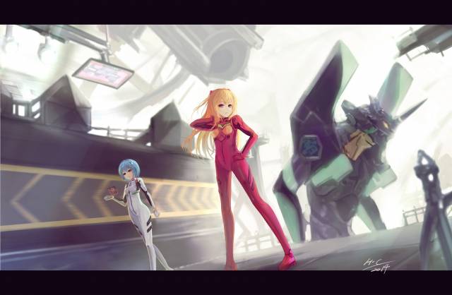 ayanami rei+eva 01+soryu asuka langley